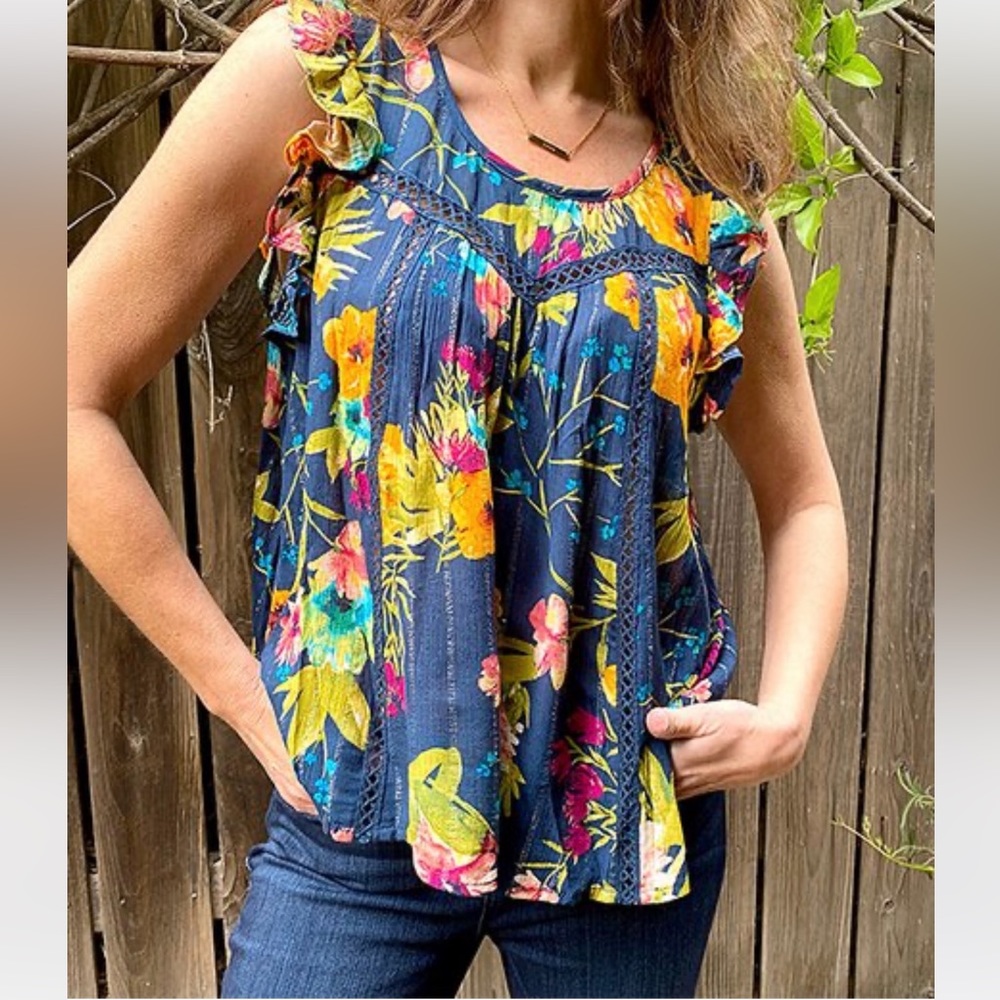 Cult of DESIGN Meadow Navy Floral Semi-sheer Elise Tank Top. Size XL (244)